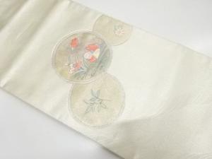 丸紋に花・鴛鴦模様　刺繍　名古屋帯